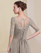 Two Piece A-Line Mother of the Bride Dress Formal Wedding Guest Elegant High Low V Neck Asymmetrical Tea Length Chiffon Lace Half Sleeve Wrap Included with Ruched Appliques