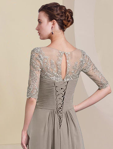 Vestido de dos piezas de corte A para madre de la novia, elegante, formal, para invitada de boda, escote en V alto y bajo, asimétrico, largo hasta la rodilla, de gasa, con encaje, media manga, cruzado incluido, con apliques fruncidos