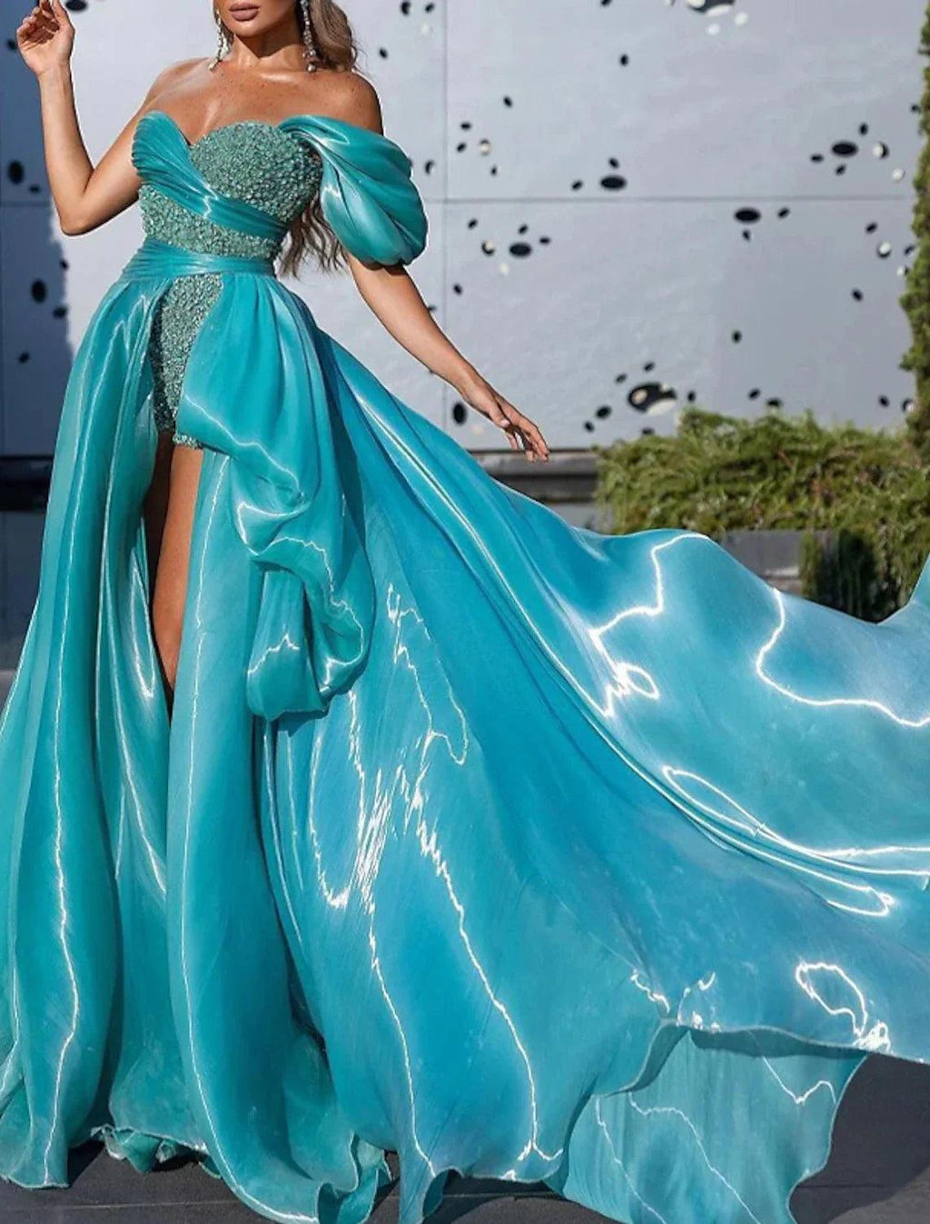 Vestido de fiesta, vestido de noche, vestido brillante y resplandeciente, vestido de graduación, cumpleaños, cola de corte, sin mangas, sin tirantes, de satén desmontable con lentejuelas
