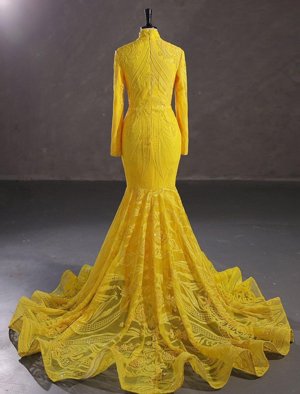 Vestido de noche elegante de sirena/trompeta, vestido de compromiso, cola de corte, manga larga, cuello alto, encaje con lentejuelas