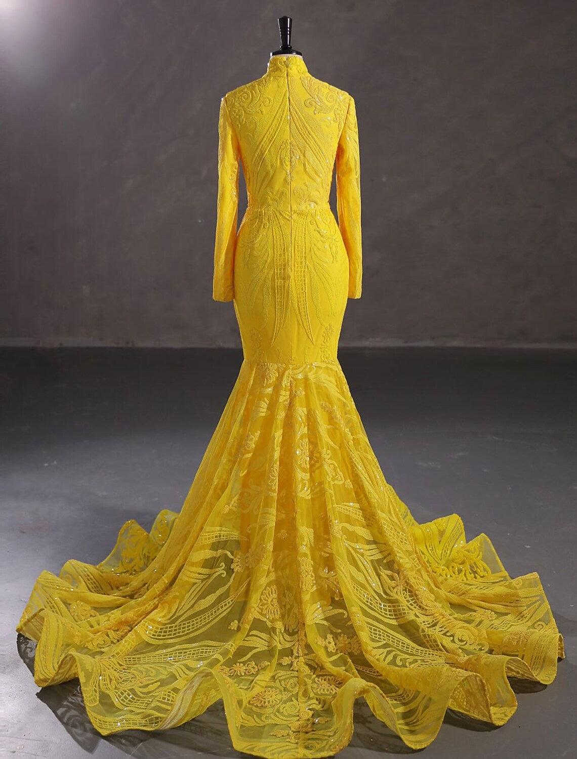 Vestido de noche elegante de sirena/trompeta, vestido de compromiso, cola de corte, manga larga, cuello alto, encaje con lentejuelas