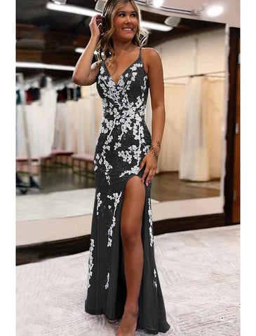 Meerjungfrau/Trompete Ballkleider Rückenfreies Kleid Formelle Hochzeitsfeier Sweep/Pinselzug Ärmellos V-Ausschnitt Tüll Rückenfrei mit Schlitz Applikationen