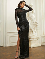 Sheath / Column Evening Gown Sparkle & Shine Dress Formal Fall Sweep / Brush Train Long Sleeve High Neck Sequined with Glitter Slit