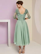 Two Piece A-Line Mother of the Bride Dress Formal Wedding Guest Elegant High Low Scoop Neck Asymmetrical Tea Length Chiffon Lace Half Sleeve Wrap Included with Beading Appliques