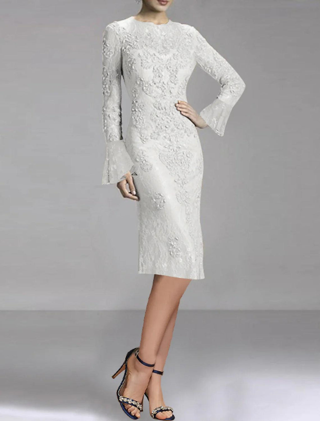 Etui-/Säulen-Cocktailkleider, elegantes Kleid, Party-Kleid, Hochzeitsfeier, knielang, lange Ärmel, Rundhalsausschnitt, Herbst, Hochzeitsgast, Spitze mit Applikationen