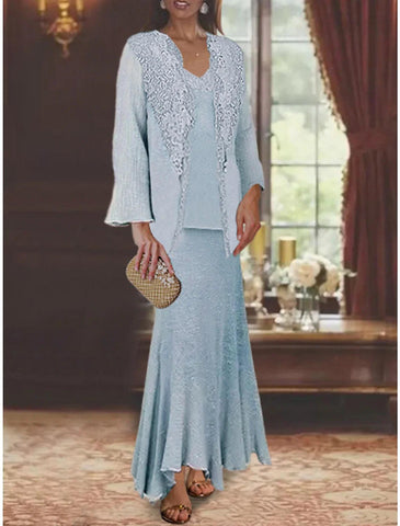 Meerjungfrau/Trompete, dreiteiliges Kleid für die Mutter der Braut, formeller Hochzeitsgast, eleganter V-Ausschnitt, asymmetrisch, knöchellang, Leinen-/Baumwollmischung, ärmellos, Wickelkleid inklusive Applikationen
