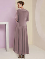 Vestido de dos piezas de corte A para madre de la novia, elegante, de manga corta, con escote en V, largo hasta la rodilla, de gasa y encaje, con apliques plisados.