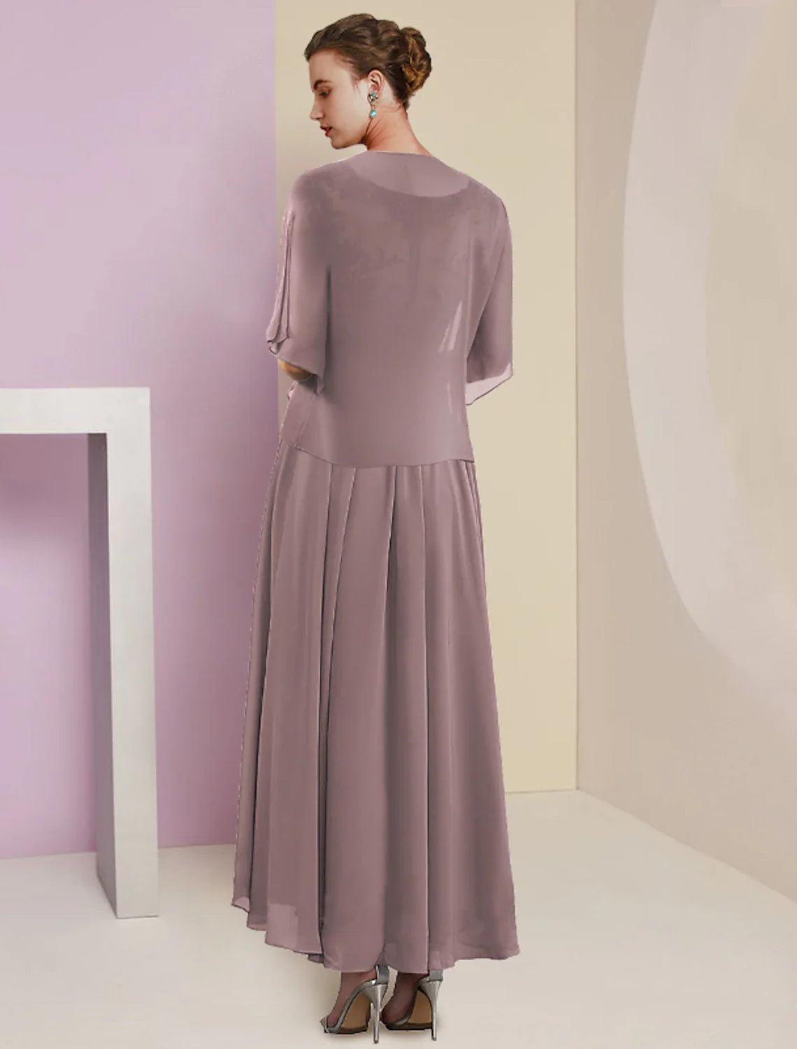 Vestido de dos piezas de corte A para madre de la novia, elegante, de manga corta, con escote en V, largo hasta la rodilla, de gasa y encaje, con apliques plisados.