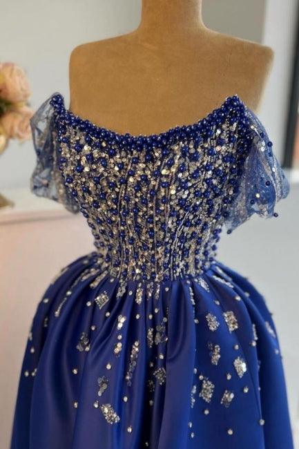 Luxuriöses ärmelloses A-Linien-Ballkleid aus Satin mit U-Ausschnitt und Schlitz vorn