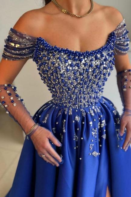 Luxuriöses ärmelloses A-Linien-Ballkleid aus Satin mit U-Ausschnitt und Schlitz vorn