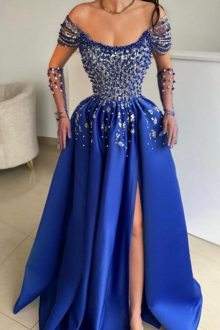 Luxuriöses ärmelloses A-Linien-Ballkleid aus Satin mit U-Ausschnitt und Schlitz vorn