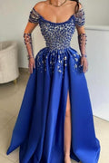 Luxuriöses ärmelloses A-Linien-Ballkleid aus Satin mit U-Ausschnitt und Schlitz vorn