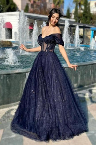 Luxurious A-Line Tulle Off-The-Shoulder Sleeveless Prom Dress With Appliques