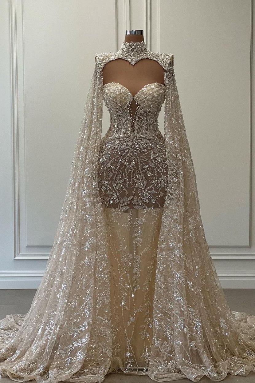 Vestido de fiesta lujoso de sirena largo con cuello alto, encaje brillante y mangas