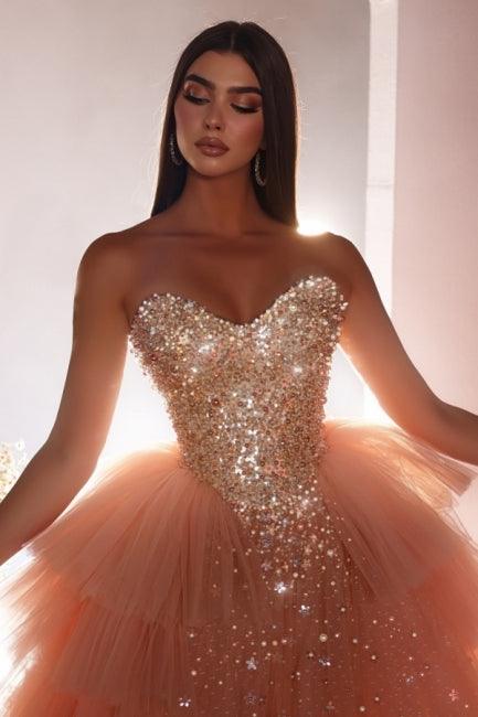 Luxuriöses langes rosa A-Linien-Prinzessinnen-Ballkleid aus Tüll mit Perlenbesatz