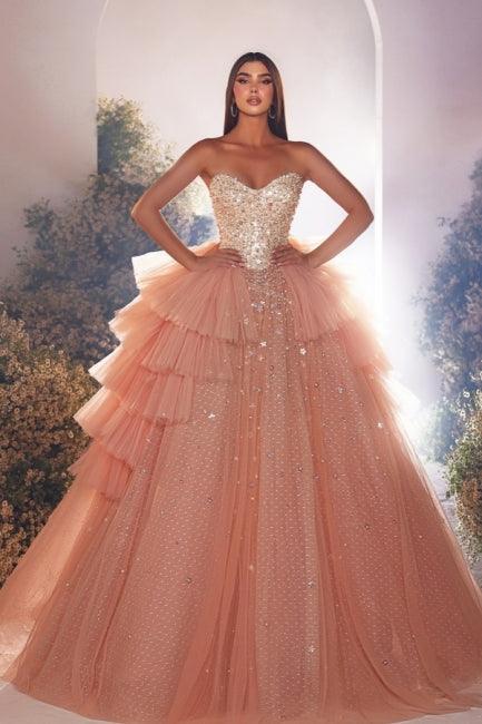 Luxuriöses langes rosa A-Linien-Prinzessinnen-Ballkleid aus Tüll mit Perlenbesatz