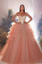 Luxuriöses langes rosa A-Linien-Prinzessinnen-Ballkleid aus Tüll mit Perlenbesatz