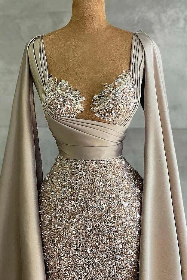 Luxuriöses, langes, elegantes Abendkleid im Meerjungfrauen-Stil mit Cape-Ärmeln