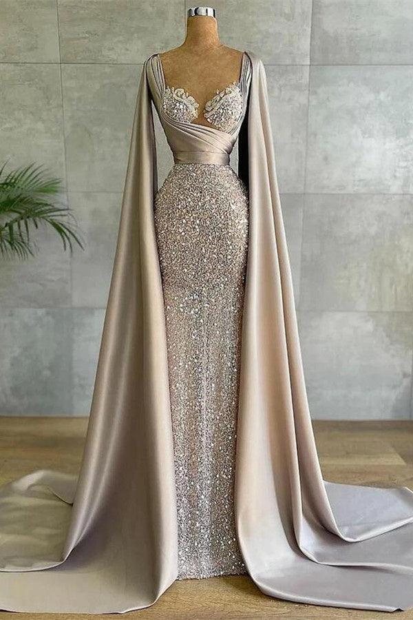 Luxuriöses, langes, elegantes Abendkleid im Meerjungfrauen-Stil mit Cape-Ärmeln