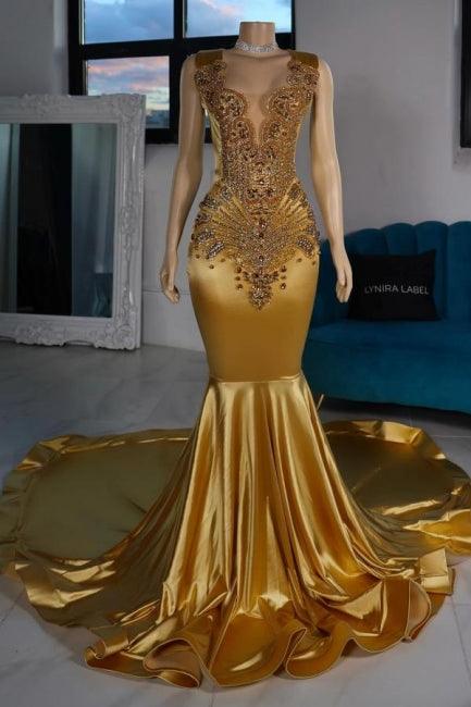 Lujosos vestidos de fiesta amarillos sin mangas con escote en V y satén de sirena con cuentas
