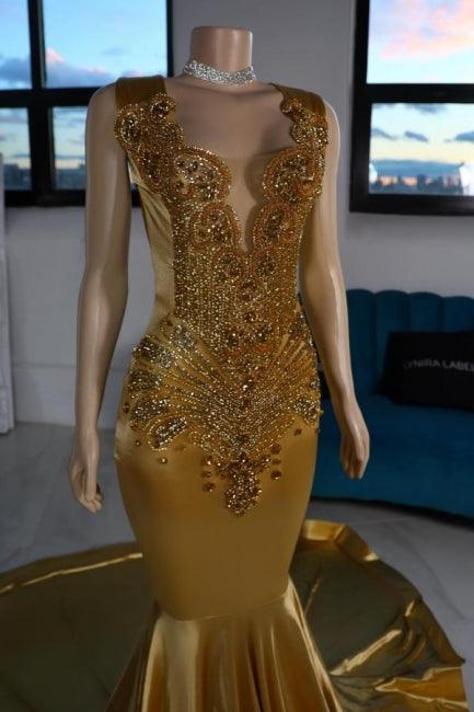 Lujosos vestidos de fiesta amarillos sin mangas con escote en V y satén de sirena con cuentas