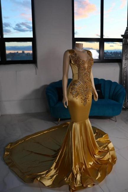 Lujosos vestidos de fiesta amarillos sin mangas con escote en V y satén de sirena con cuentas
