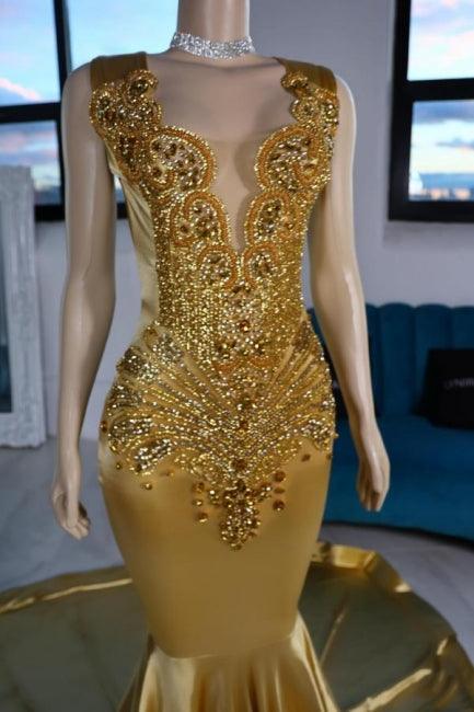 Lujosos vestidos de fiesta amarillos sin mangas con escote en V y satén de sirena con cuentas