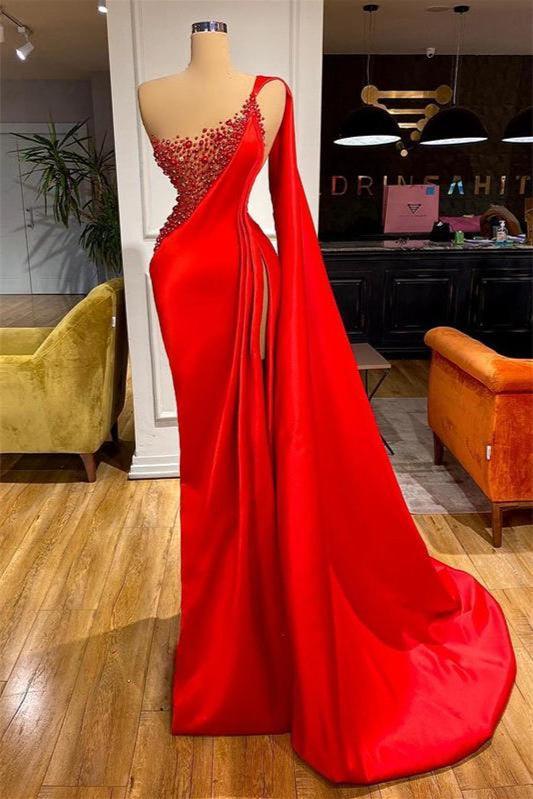 Luxuriöses, einzigartiges, rotes, ärmelloses Abendkleid im Meerjungfrauen-Stil mit Schlitz