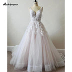 NumberSea - Luxury Blush Pink Lace Wedding Dresses For Church 2025 Open Back Sexy Bridal Boho A Line Wedding Dresses Long Train NumberSea