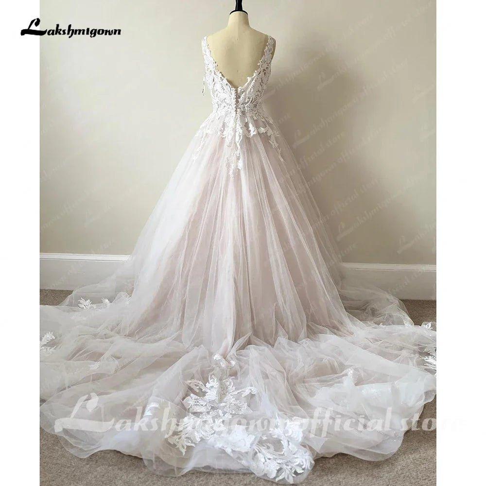 NumberSea - Luxury Blush Pink Lace Wedding Dresses For Church 2025 Open Back Sexy Bridal Boho A Line Wedding Dresses Long Train NumberSea