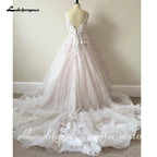 NumberSea - Luxury Blush Pink Lace Wedding Dresses For Church 2025 Open Back Sexy Bridal Boho A Line Wedding Dresses Long Train NumberSea