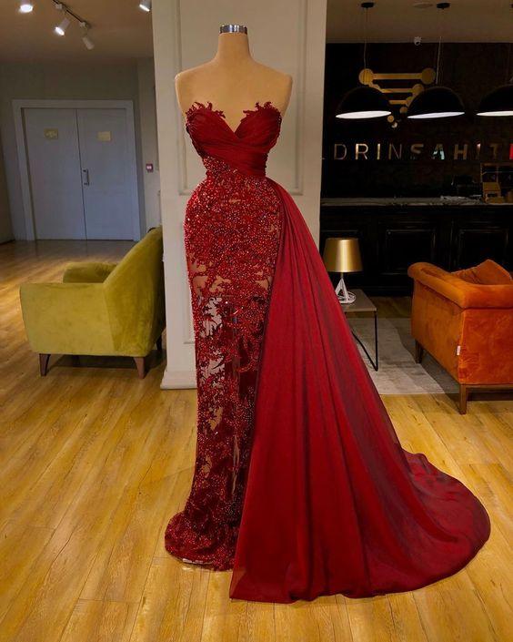 NumberSea-luxury Burgundy Detachable Train Mermaid Prom Dress with Lace As picture