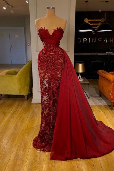 Vestido de fiesta de sirena de lujo color burdeos con cola desmontable y encaje