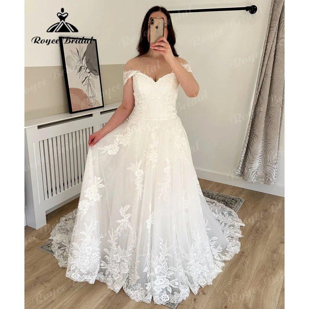 NumberSea - Luxury Full Lace V Neck Off Shoulder Women Wedding Dress with Short Cap Sleeve 2024 Hochzeits Bridal Gown Vestidos de Boda Sexy