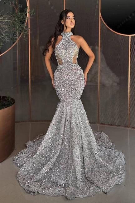 Luxuriöses Ballkleid im Meerjungfrauen-Stil mit hohem Halsausschnitt und Pailletten und Strasssteinen