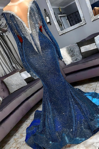 Luxury Mermaid Long Sleeve Shiny Blue Tassels Junior Prom Dresses with Court Train