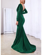 Vestido de noche sirena/trompeta Reformation Amante, vestido de novia para invitada de boda, formal, de noche, con cola de corte, manga larga, cuello en V, satén con elegante color puro