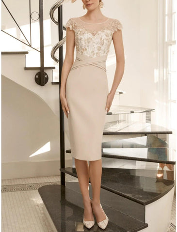 Vestido de dos piezas para madre de la novia, estilo tubo/columna, para invitada de boda, elegante, cuello joya, largo hasta la rodilla, tejido elástico, media manga con encaje, cuentas y lentejuelas.