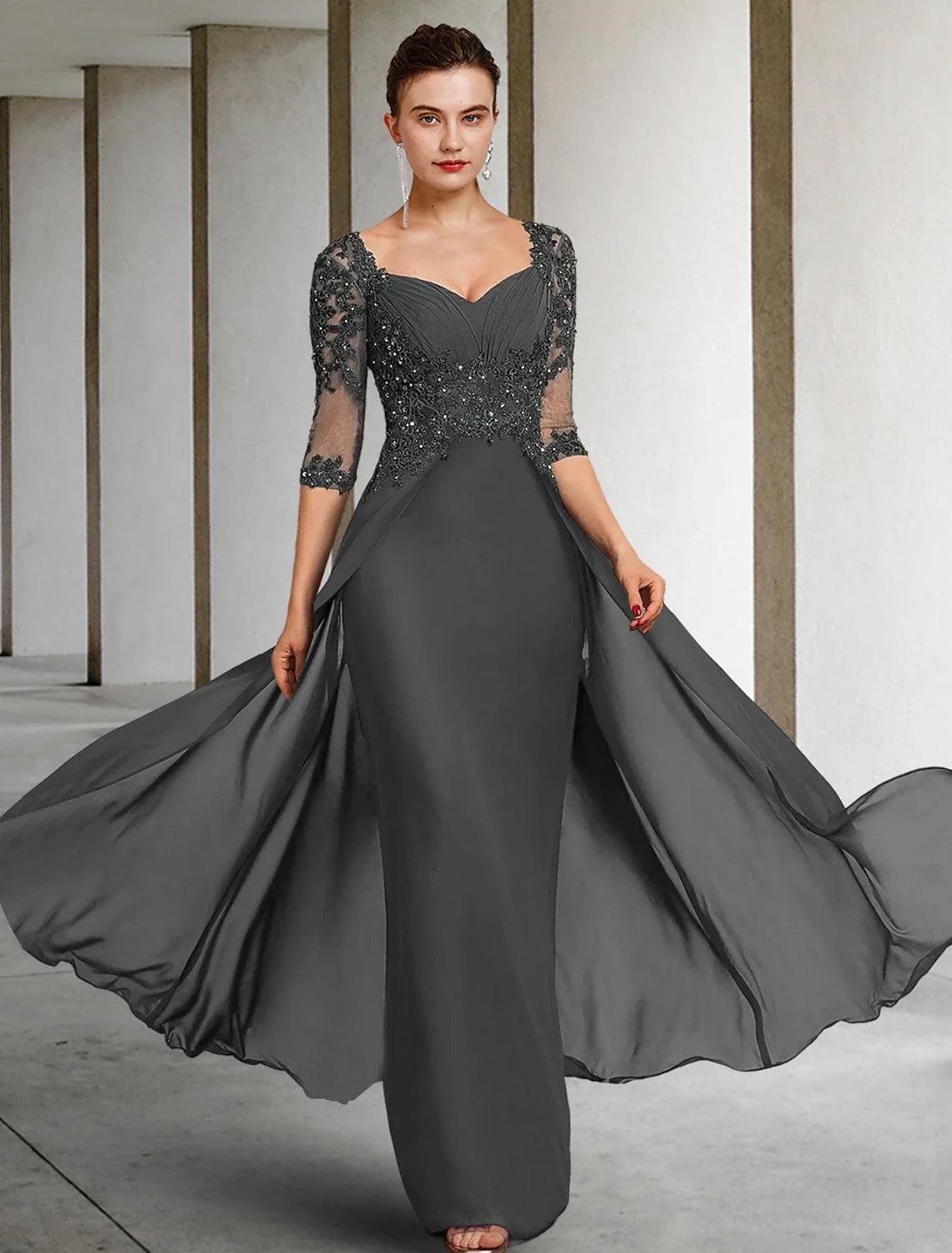Etui-/Säulenkleid für die Brautmutter, formelle Hochzeitsgastparty, eleganter quadratischer Ausschnitt, bodenlange Chiffonspitze, 3/4-Ärmel mit Paillettenapplikationen, Rüschen