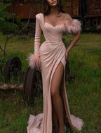 Meerjungfrau/Trompete Abendkleid Maxikleid Hochzeitsgast Hochzeitsfeier Sweep/Pinsel Schleppe Langarm Ein Schulter Satin mit Feder Kristallen