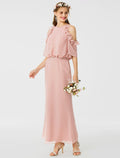 Vestido de dama de honor con corte tubo/columna, escote joya, manga corta, elegante, largo hasta los tobillos, de gasa con faja/cinta/volantes