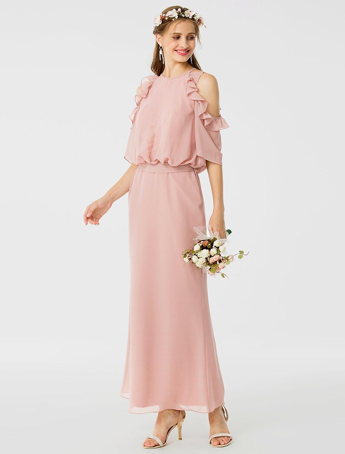 Vestido de dama de honor con corte tubo/columna, escote joya, manga corta, elegante, largo hasta los tobillos, de gasa con faja/cinta/volantes