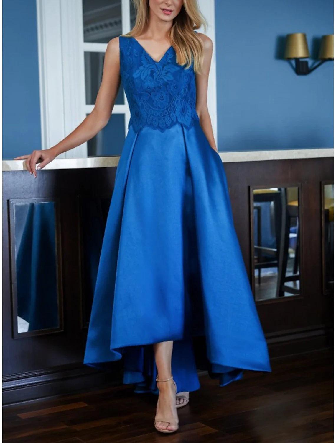 Zweiteiliges A-Linien-Kleid für die Mutter der Braut, Hochzeitsgast-Party, Vintage, elegant, V-Ausschnitt, asymmetrische Satinspitze, halbe Ärmel mit Falten, einfarbig