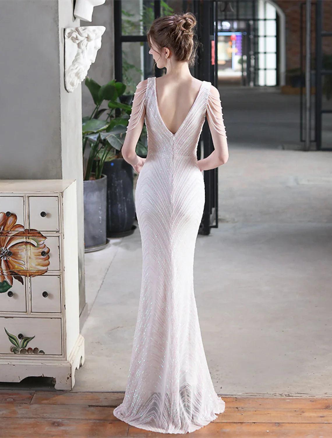 Meerjungfrau/Trompete Abendkleid Sparkle &amp; Shine Kleid Formelle Hochzeitsgast Bodenlang Ärmellos V-Ausschnitt Pailletten mit Fransen Paillettenquaste