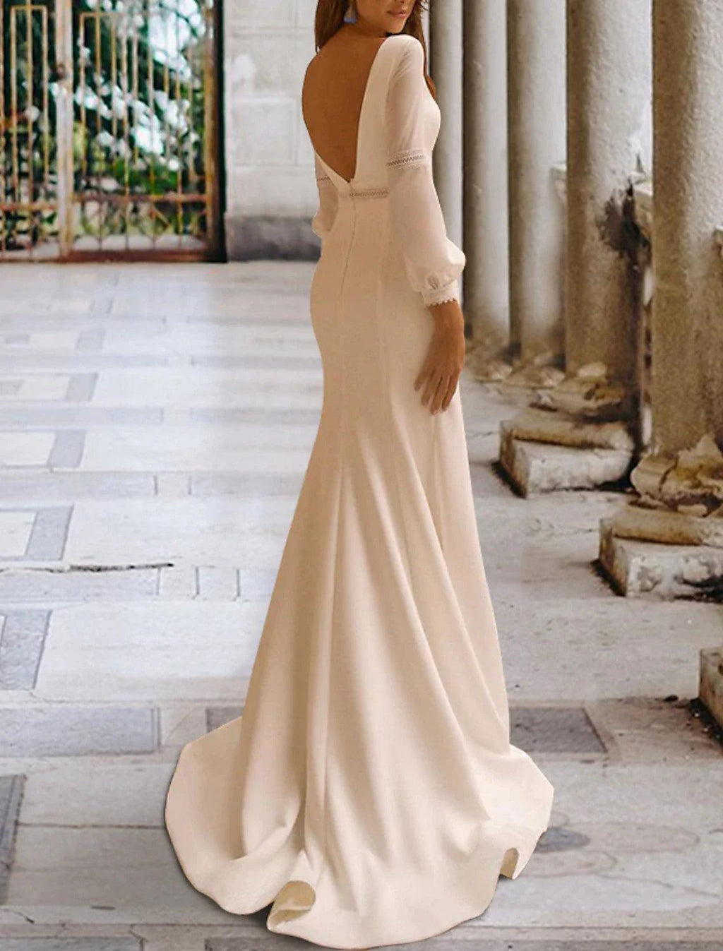 Hall Open Back Casual Wedding Dresses Mermaid / Trumpet Scoop Neck Long Sleeve Sweep / Brush Train Stretch Fabric Bridal Gowns With Beading Summer Fall Wedding Party