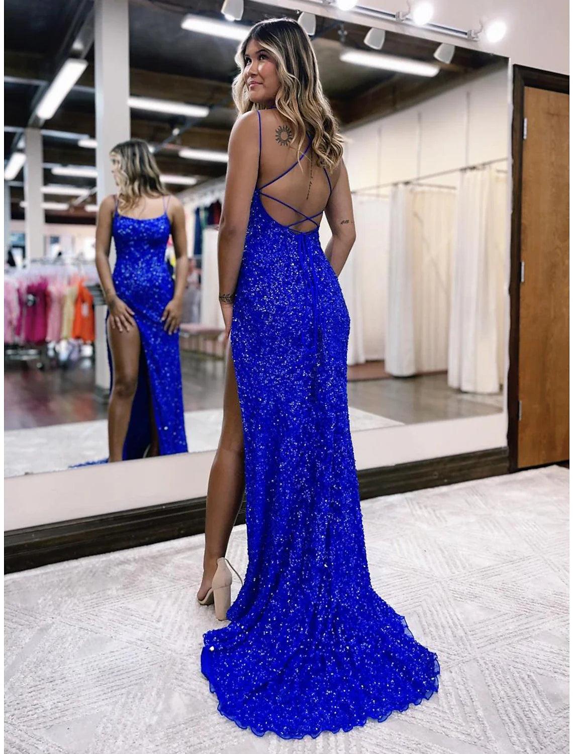 Vestidos de fiesta de sirena/trompeta, brillantes y con brillo, formales, para bodas, con cola larga/cepillo, sin mangas, tirantes finos, con lentejuelas, espalda descubierta y abertura con lentejuelas