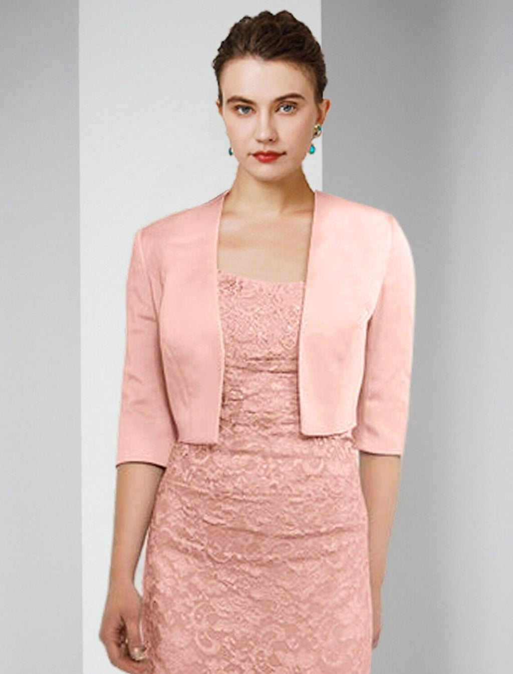 Vestido de dos piezas tipo tubo/columna para madre de la novia, elegante, para invitada de boda, con escote cuadrado, largo hasta el suelo, de satén y encaje, de media manga, con chaqueta de color liso