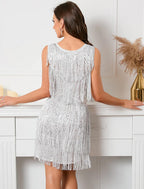 Vestido de fiesta de tubo/columna, vestido vintage para vacaciones de verano, corto/mini, sin mangas, cuello en V, con lentejuelas y flecos y borlas de lentejuelas.