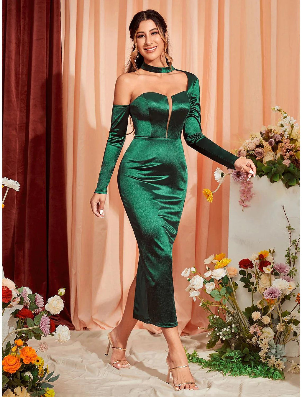 Meerjungfrau/Trompete Partykleider Sexy Kleid Hochzeit Party Semi Formal Tee Länge Langarm Eine Schulter Stretch Satin mit gerafftem Schlitz