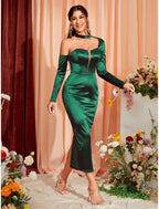 Meerjungfrau/Trompete Partykleider Sexy Kleid Hochzeit Party Semi Formal Tee Länge Langarm Eine Schulter Stretch Satin mit gerafftem Schlitz